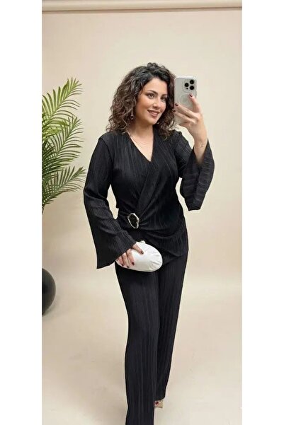 hazelin Γυναικείο μαύρο βραδινό κοστούμι με πόρπη και λεπτομέρειες, με πιέτες...