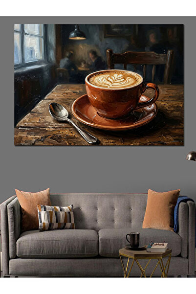 Artmeg Cană de cafea și Latte cu spumă - Pânză decorativă - Masă din lemn MDF