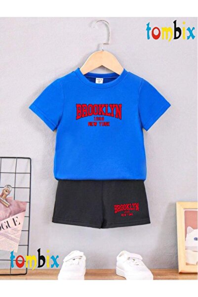 tombix Red Brooklyn Text Printed T-Shirt Shorts Summer Children's Set