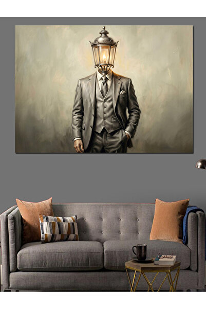 Artmeg Om în costum cu cap de lampă de podea, pânză decorativă - masă din lem...