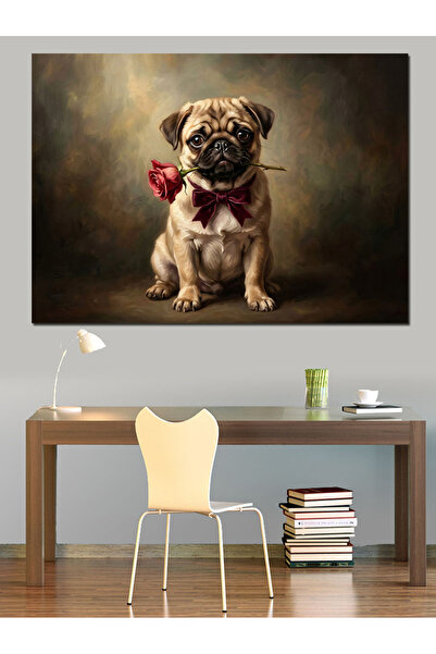 Artmeg Pânză decorativă cu câine Pug cu papion și ochelari - Tablou din lemn MDF