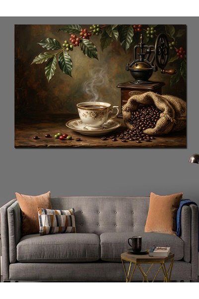 Artmeg Coffee Beans and Hot Cup Decorative Canvas - Mdf Wood Table