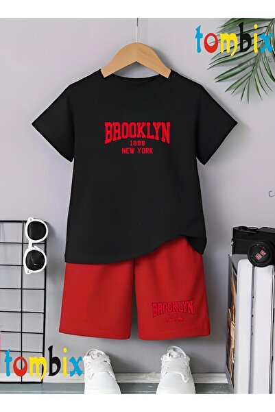 tombix Red Brooklyn Text Printed T-Shirt Shorts Summer Children's Set