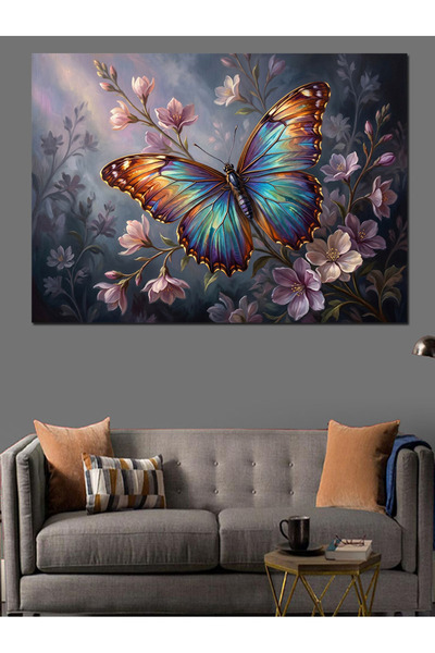 Artmeg Fluture colorat mistic printre flori - Tablou decorativ din lemn MDF