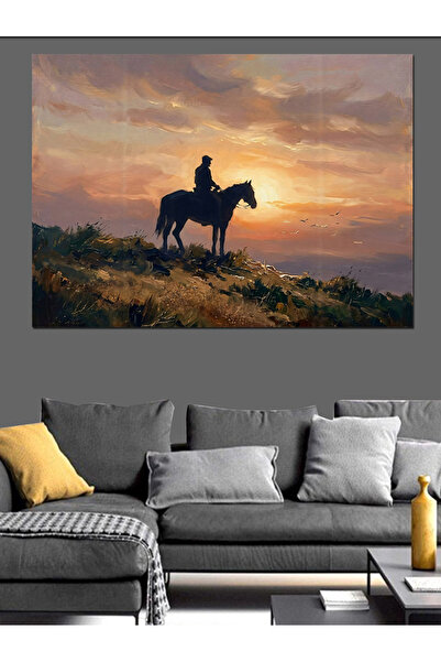 Artmeg Siluetă de cowboy cu cal la apusul soarelui, pânză decorativă - Tablou...
