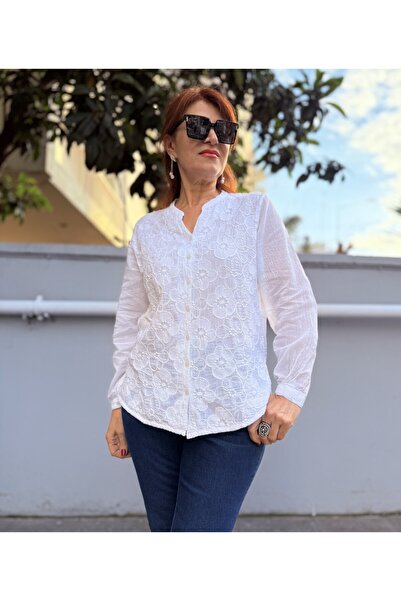 DenizEge Πουκάμισο με σκίσιμο στο λαιμό και διακοσμητικό γκιπούρ, λευκό