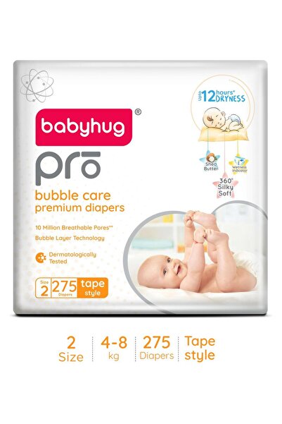 Babyhug Pro Bubble Care Premium Tape Style Diapers, Size 2 - 275 Pieces