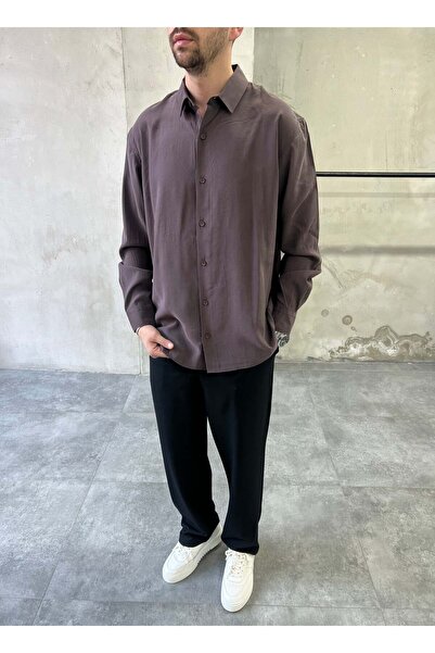 DIFRANSEL JEANS Tencel Washable Oversized Flowy Brown Shirt