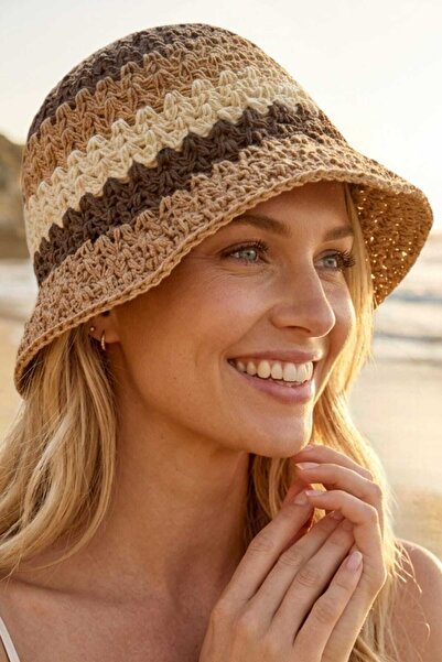 Uniquetrenders Γυναικείο ψάθινο καπέλο με ζιγκ-ζαγκ σχέδιο, πλεκτό, καλοκαιρι...