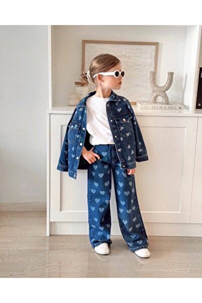 Babylory Kdis Store Kız Çocuk Kalp Desenli Kot Ceket