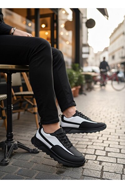 TUGERDİ Black and White Parted Lace-Up Lightweight High Sole Style Men's Shoe...