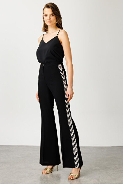 Moda İlgi Ψηλόμεσο παντελόνι με φαρδιά μπατζάκια και λεπτομέρεια με ρίγες - Κ...