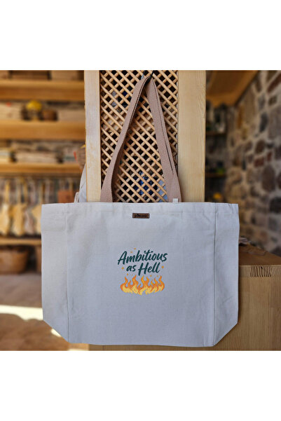 Pikkuva Fire-Colored Ambitious Logo Printed Natural Canvas Tote Bag with the ...