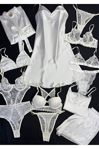 ROZENİN LINGERIE Satin Dressing Gown Nightgown Underwear Boxed Dowry Set 12 P...