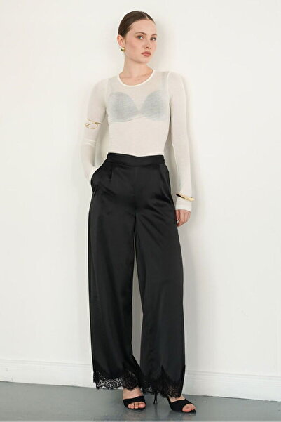 VERYMODA Satin Trousers with Lace Cuffs - Black |   D2969