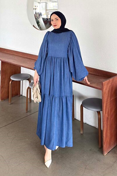 lamelif Καλοκαιρινό φόρεμα με μανίκια μπαλόνι και στρώσεις, τζιν μπλε