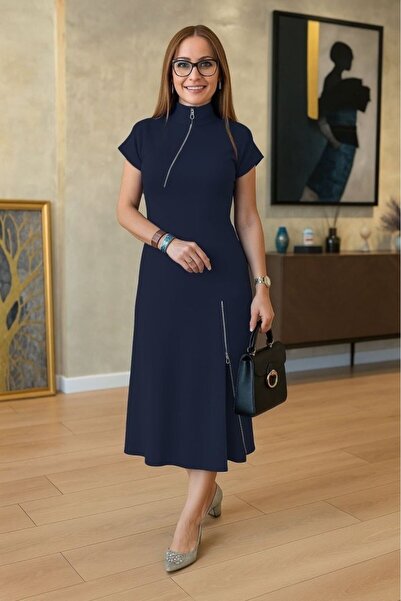 JANES Γυναικείο κοντομάνικο φόρεμα μίντι βισκόζης με φερμουάρ στο λαιμό και τ...