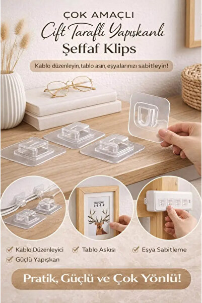 TUMU LIFE 1 Çift Taraflı Yapışkanlı Şeffaf Klips Askı Güçlü Duvar Kancası Çok...
