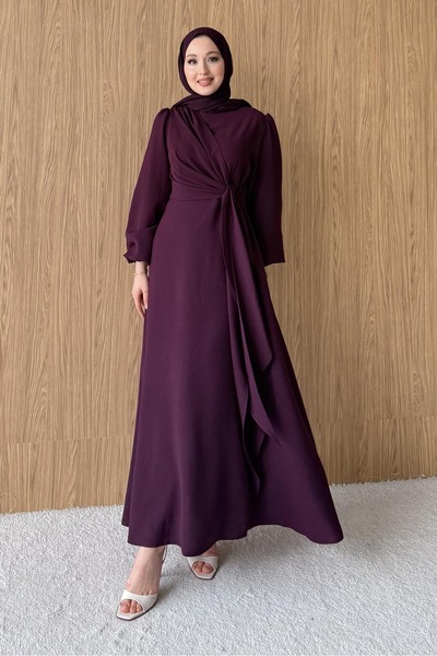 Rimel Moda Bağlamalı Elbise Mürdüm
