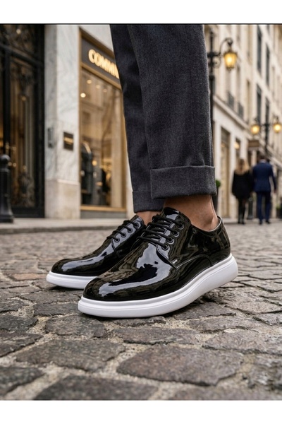 TUGERDİ Black Laced Patent Leather White Light Sole Style Classic Men's Shoes...