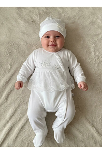 Babydonat Dantelli Çiçek Nakışlı Kız Bebek Tulum %100 Pamuk