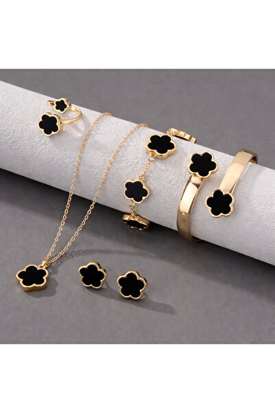 GlaMLo Accessories Χρυσό σετ κοσμημάτων με μαύρο τριφύλλι – κολιέ, βραχιόλι, ...