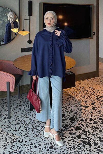 lamelif Πουκάμισο με βολάν σε μπλε ναυτικό χρώμα