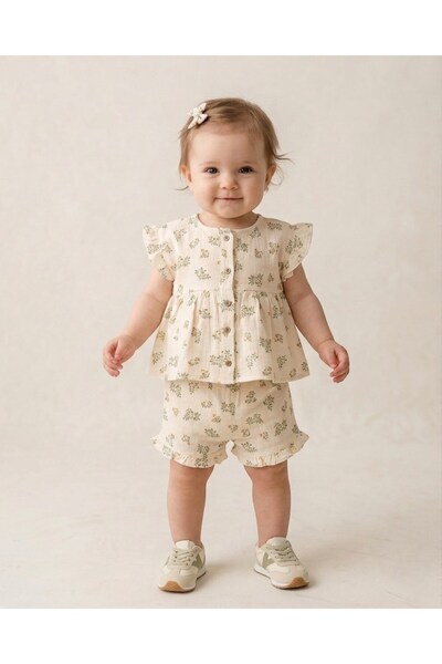 voyyo kids baby Baby Girl Puff Flower Detailed Summer Muslin Shorts and Shirt...