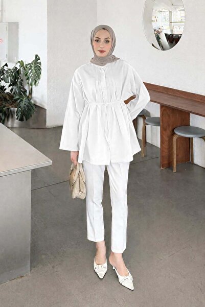 lamelif Πουκάμισο με πλισέ φαρδιά μανίκια σε λευκό χρώμα