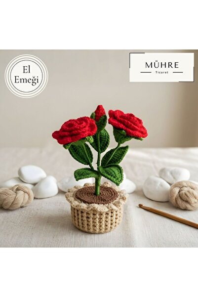 mühre 25cm Saksıda Gül Demeti Hediyelik %100 Pamuklu Organik Amigurumi Örgü D...