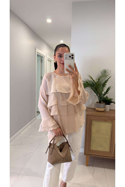 BİRCANÇİL Ζιόλα Μπεζ Μπλούζα με βολάν