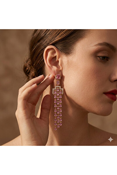 XUPİNGS JEWELRY Xuping 14 Kaplama Pembe Taşlı Uzun Sallantılı Kadın Küpe Işıl...