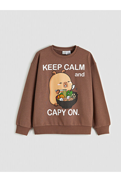 LC Waikiki سويت شيرت LCW Kids Brown Capyfun مطبوع برقبة دائرية للفتيات