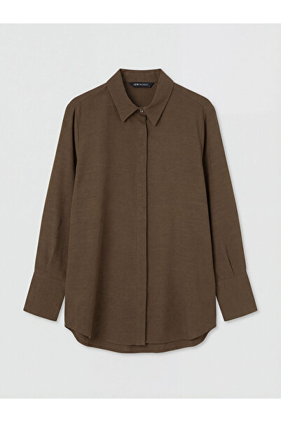 LC Waikiki Lcw Modest Khaki Oversize Linen Blend Women's Shirt Tunic with Nev...