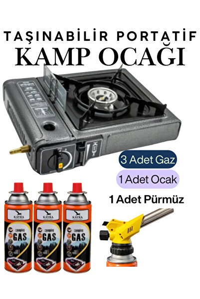 KAYRA LEATHER CRAFT 5'li Gri Portatif Kamp Ocağı Seti Çantalı Taşınabilir Tek...