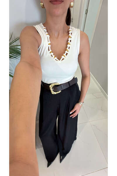 BİRCANÇİL Frodwe Εκρού Αμάνικη Μπλούζα με Χάντρες