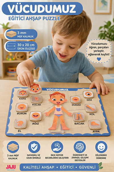 Jaju Baby Vücudumuz Eğitici Ahşap Puzzle 30x20 cm — 3 mm MDF Çocuk Gelişim Oy...