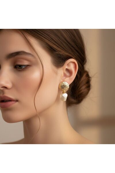 Ahsen Shine Forged Metal Textured Gold Plate and Baroque Pearl Detailed Design Earrings