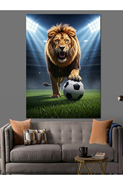 karizmart Futbol Oynayan Kral Aslan İllüstrasyon Dekoratif Kanvas - Mdf Ahşap...