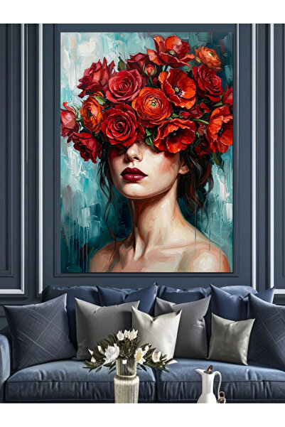karizmart Çiçekli Kadın Başlığı Sanat Tablosu Dekoratif Kanvas - Mdf Ahşap Tablo