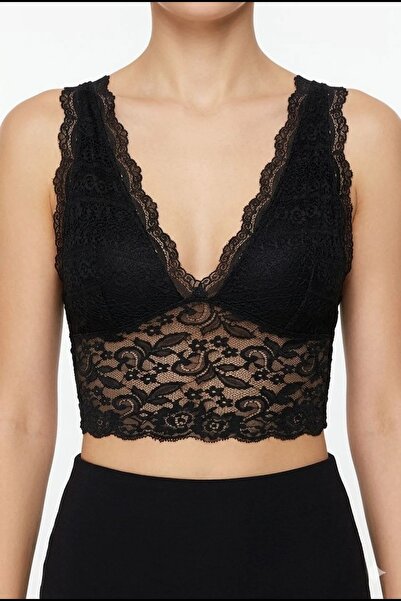 Tarz Kadın Dantel Bralet Crop Sütyen V Yaka Askılı Şık Esnek Rahat