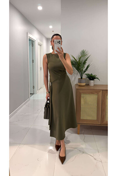 BİRCANÇİL Tupse Khaki Dress with Front Slit and Buckle Detail