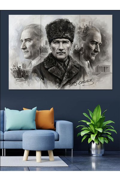 karizmart Üç Farklı Atatürk Portresi Çalışması Dekoratif Kanvas - Mdf Ahşap T...