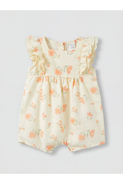 LC Waikiki Square Neck Ruffled Printed Baby Girl Poplin Jumpsuit