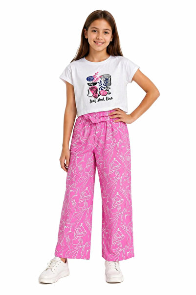 İrem Çocuk Giyim Girl's Leaf Text Patterned Short (Crop) T-Shirt and Wide-Leg...