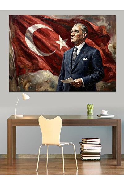 karizmart Türk Bayrağı Önünde Atatürk Portresi Dekoratif Kanvas - Mdf Ahşap T...