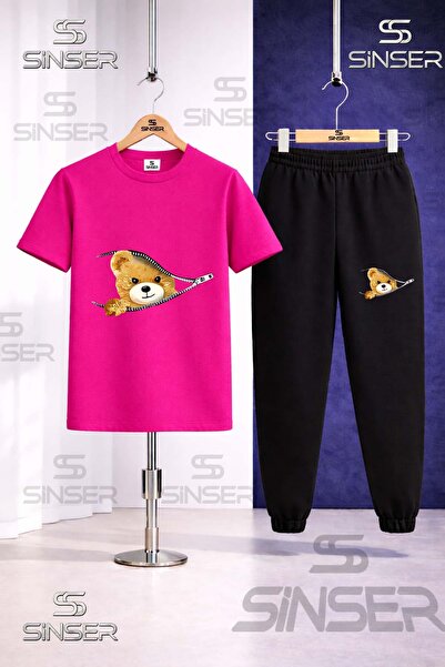 SS SİNSER Children's Zippered Teddy Bear Printed T-Shirt and Sweatpants Set