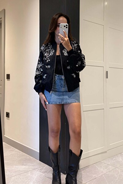 Nazliye İndigo Mavi Pul Nakışlı Ceket