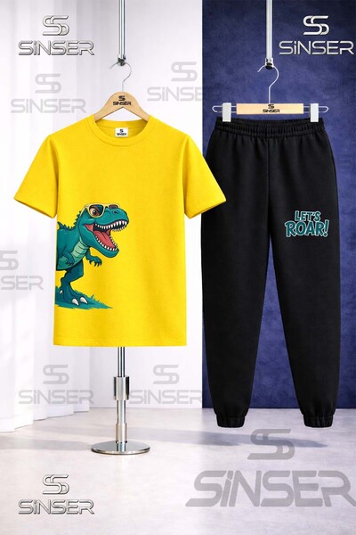 SS SİNSER Children's Dinosaur Glasses Green Side Printed T-Shirt and Sweatpan...