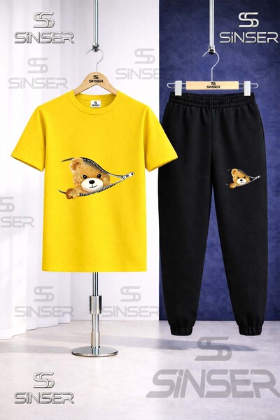 SS SİNSER Children's Zippered Teddy Bear Printed T-Shirt and Sweatpants Set